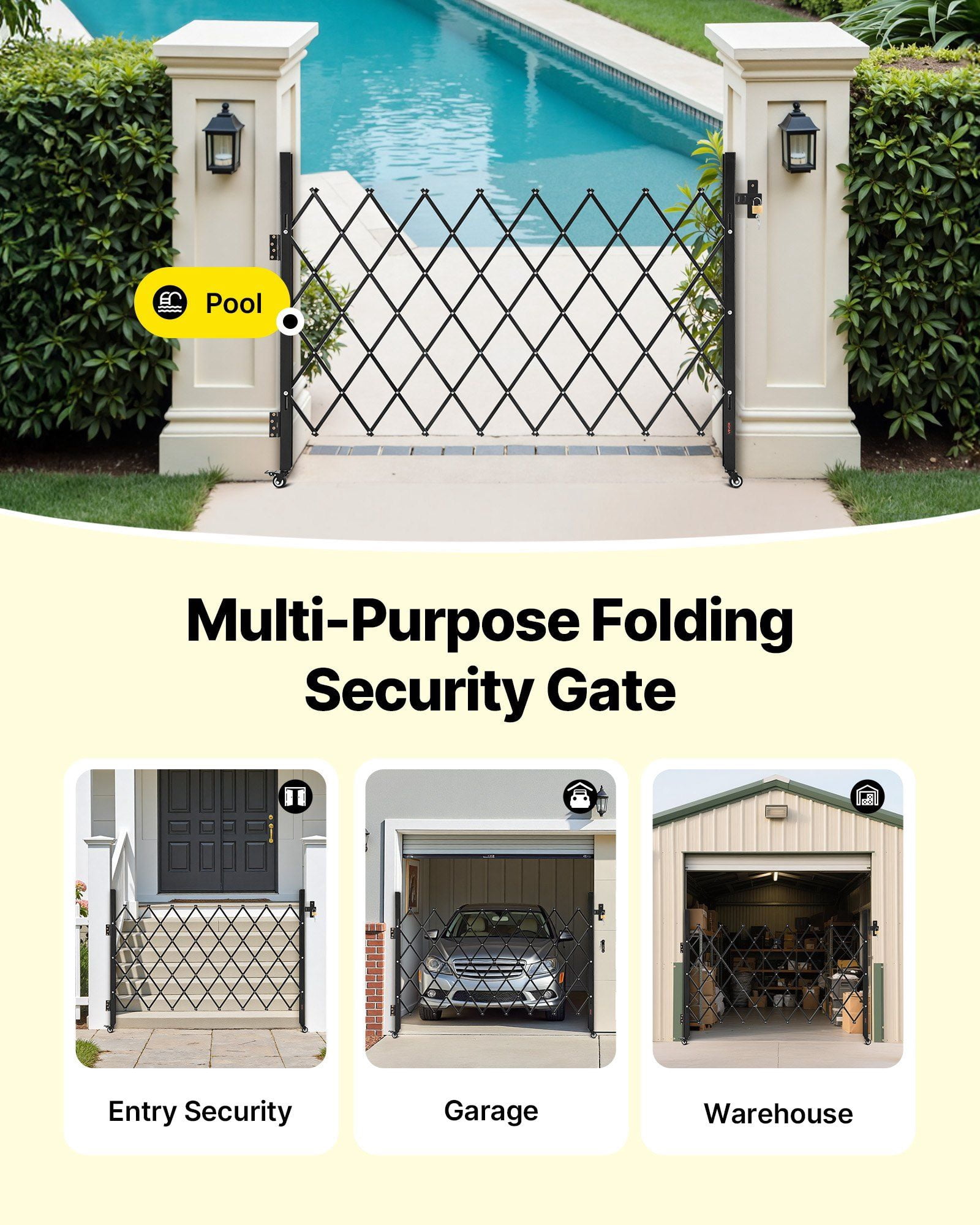 Lockable Retract Gate w/ Wheels 67x52" - Driveway/Pool Safety
