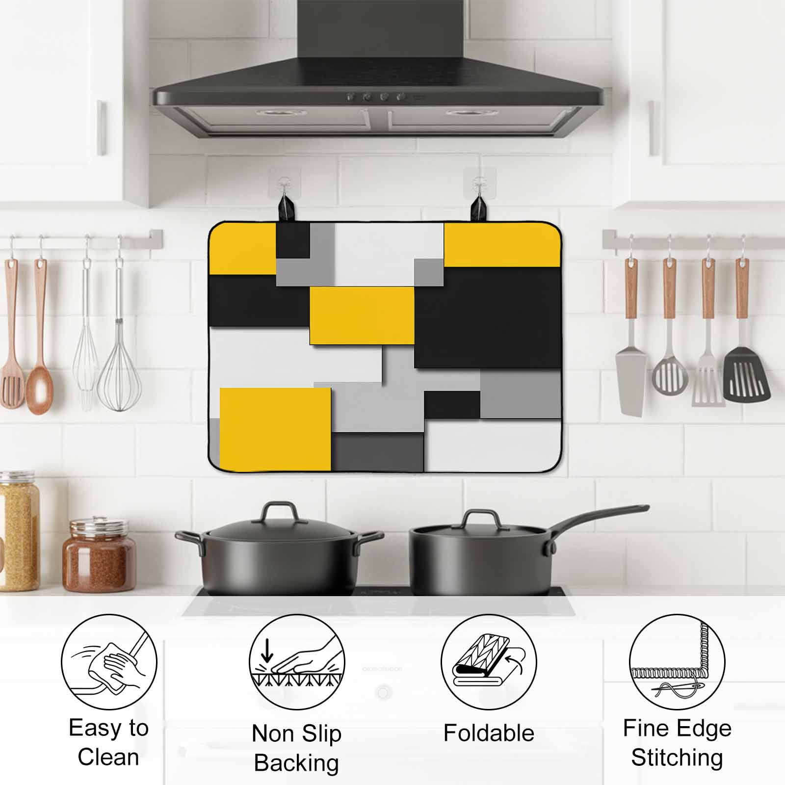 Yellow Grey Black Geometric Stove Top Cover for Electric Stove, Heat-proof & Non Slip Glass Top Stove Cover Protector, Modern Abstract Art Kitchen Flat Cooktop Rubber Mat 36x21 Inches