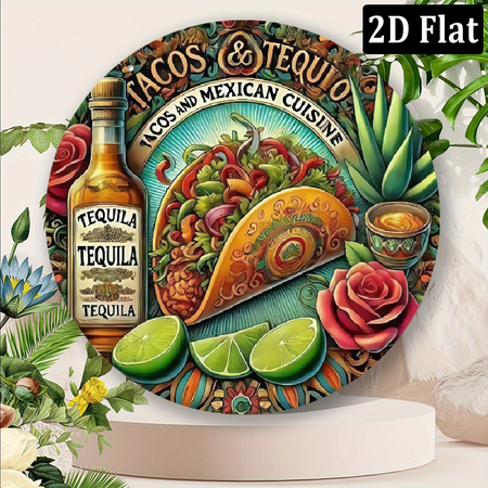 2Dflat Mexican Taco Tequila Ignite Latin Flavor Food Carnival Mexican Theme, 78x78 Inch Aluminum Plate, Suitable for Home Garage Coffee Shop Restaurant Tequila Winery Mexican SupermarketLatin8*8in