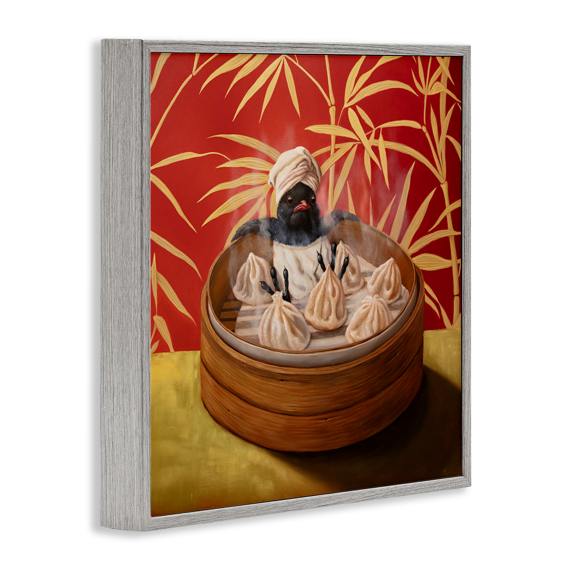 Bamboo Steamer Bird Gray Framed Giclee Art, design by Lucia Heffernan