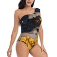 thumbnail image 3 of Gukieu Elegant Lady With Hat Print One-shoulder Ruffled One-piece Swimsuit with Removable Chest Pads and Tummy-control Swimsuit for Women-, 3 of 6