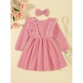 thumbnail image 4 of Baby Toddler Girl Fall Dresses Outfit, 3 8 12 18 24 Months 2T 3T Striped Ruffle Long Sleeve A-Line Dress Bow Hair Clip 2 Piece Set, 4 of 9