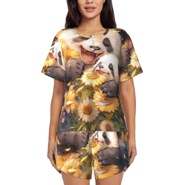 Fotbe Cute Panda Sunflower Conjunto de Pijama Estampado para Mujer, 2 Piezas, Ropa de Dormir con Camiseta de Manga Corta y Shorts Suaves-Small