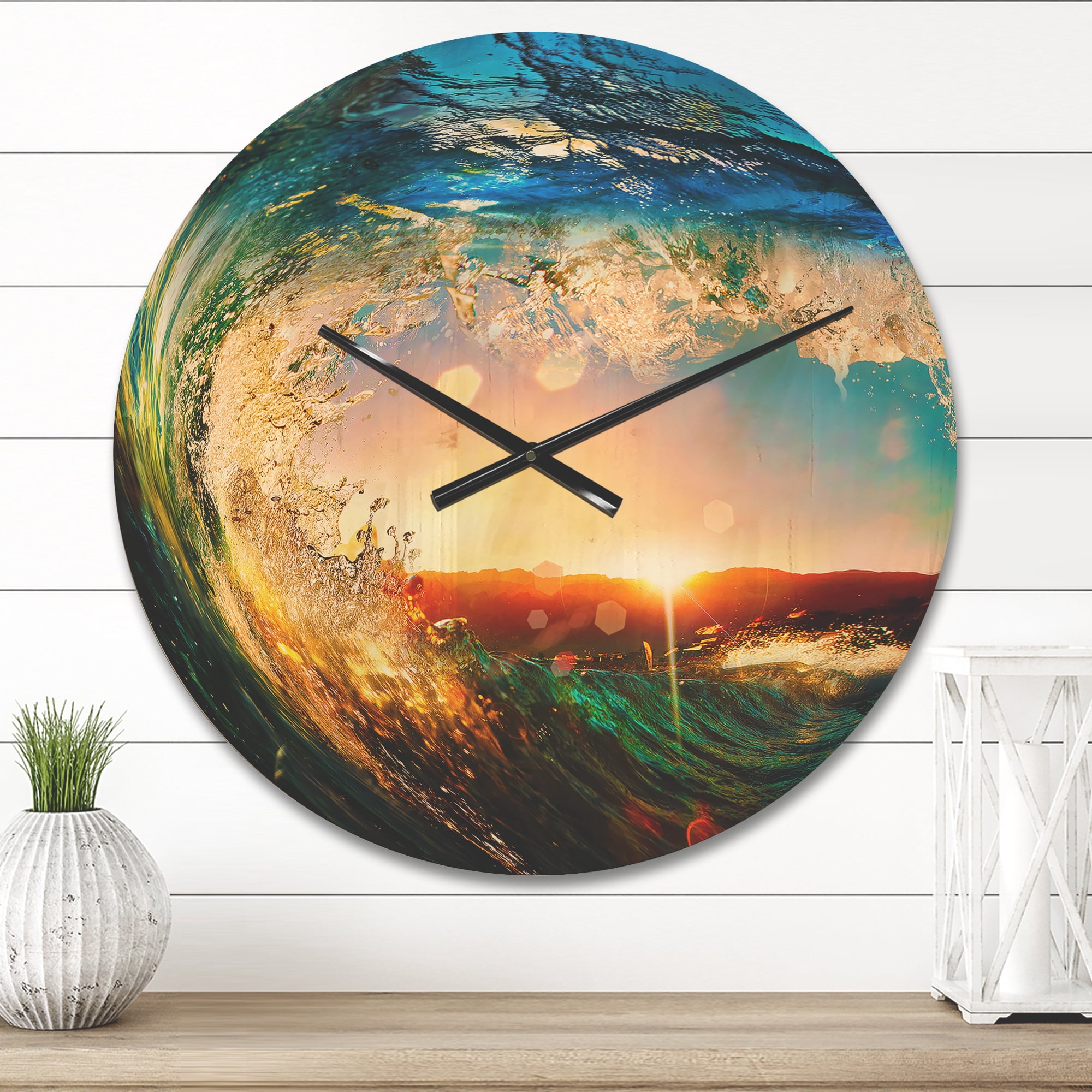 Designart 'Colored Ocean Waves Falling Down At Sunset' Modern Wood Wall Clock