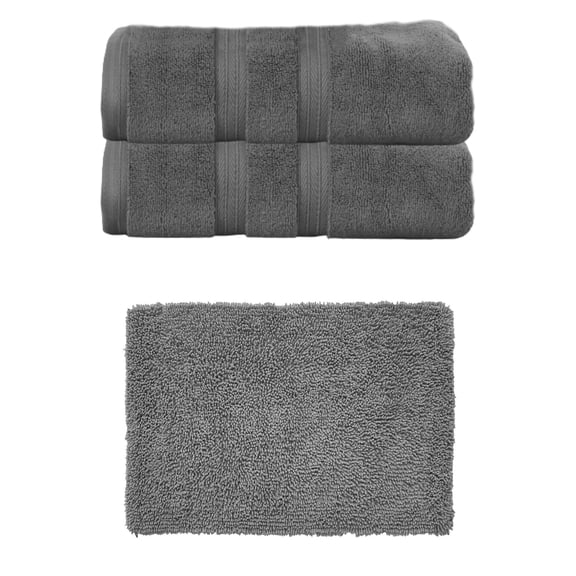 Home Weavers Fantasia Collection 100% Soft Cotton Super Absorbent 2 Pcs Bath Towel Set & 1 Pc 21x34" Bath Rug, Machine Washable & Non Slip (Set of 3), Dark Gray