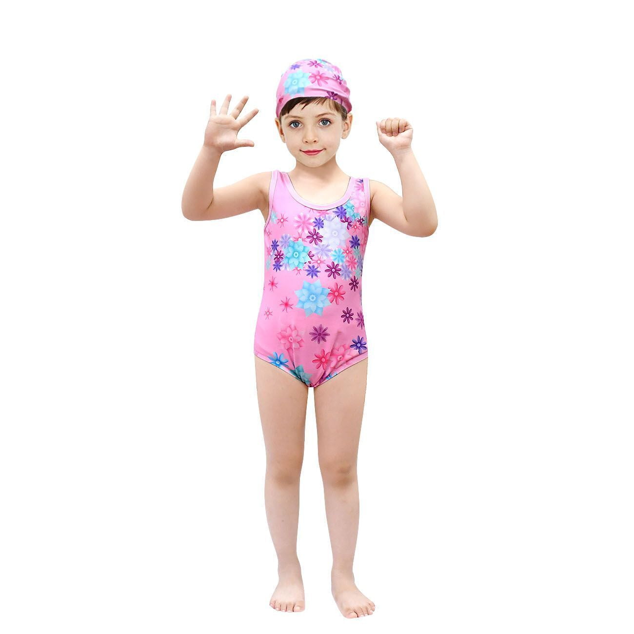 Girls One Piece Swimsuit Cartoon Bow Bathing Suits w/Swimming Cap