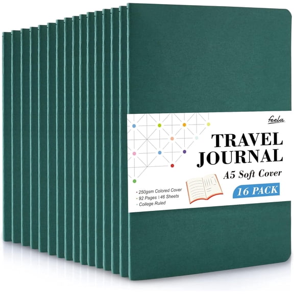 16 Pack Soft Cover Journal Bulk, Feela Lined Notebooks College Ruled for Work for Women Writing, Blank Travel Journal Note Taking Notebook Business Supplies, 8.2” x 5.5”, A5, Dark Green