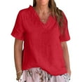 thumbnail image 4 of Dyfzdhu Plus Size Linen Blouses for Women Casual Short Sleeve Solid Color Cotton and Linen Ruffled V Neck Shirt，Women Tee Loose Fit Summer Tops Red, 4 of 5