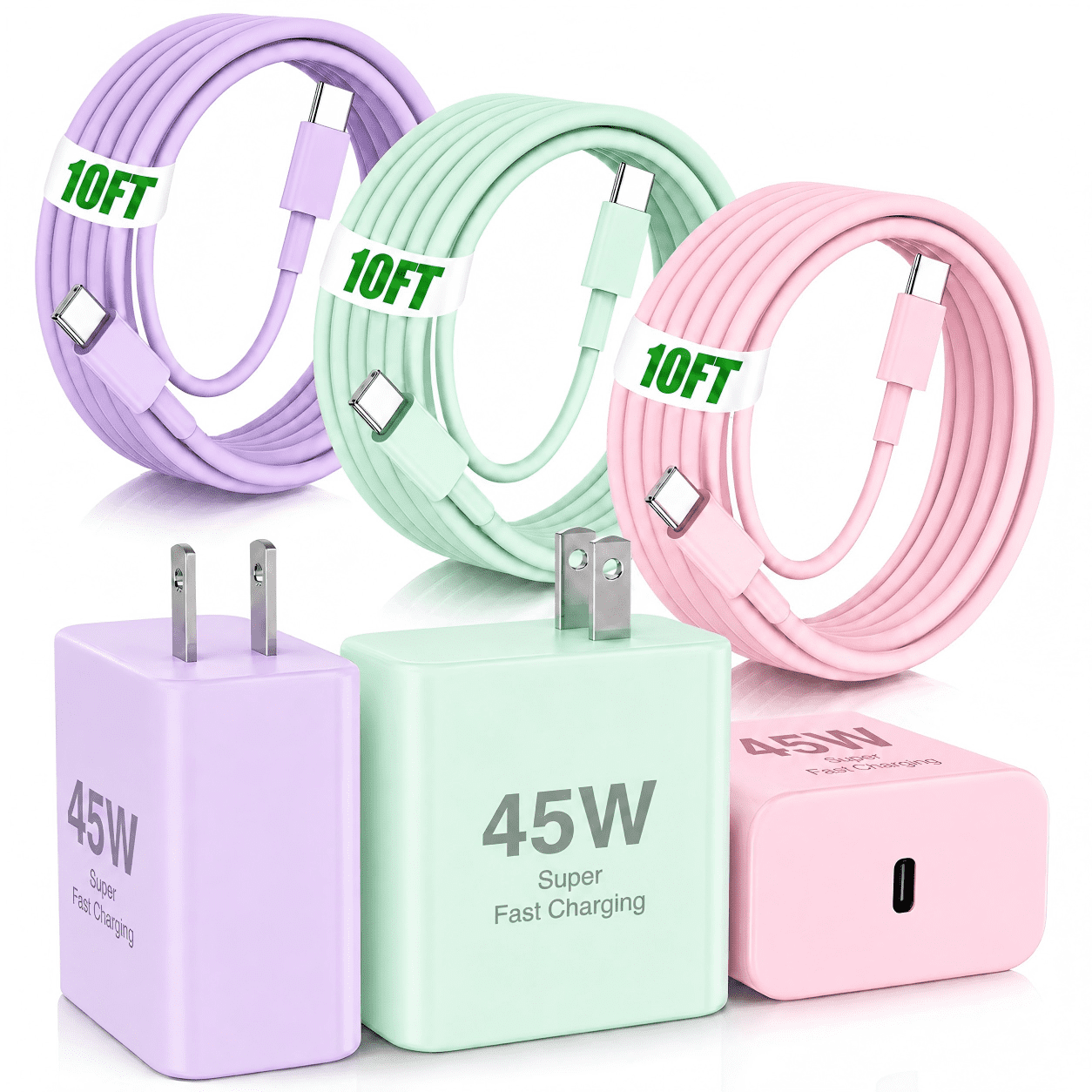 3-Pack 45W USB C Fast Charger with 10FT Cable, Super Fast Charging Block for Samsung Galaxy S25 Ultra S24 S23 S22, Compatible with iPhone 17 16 15 Pro Max, iPad and USB-C Devices