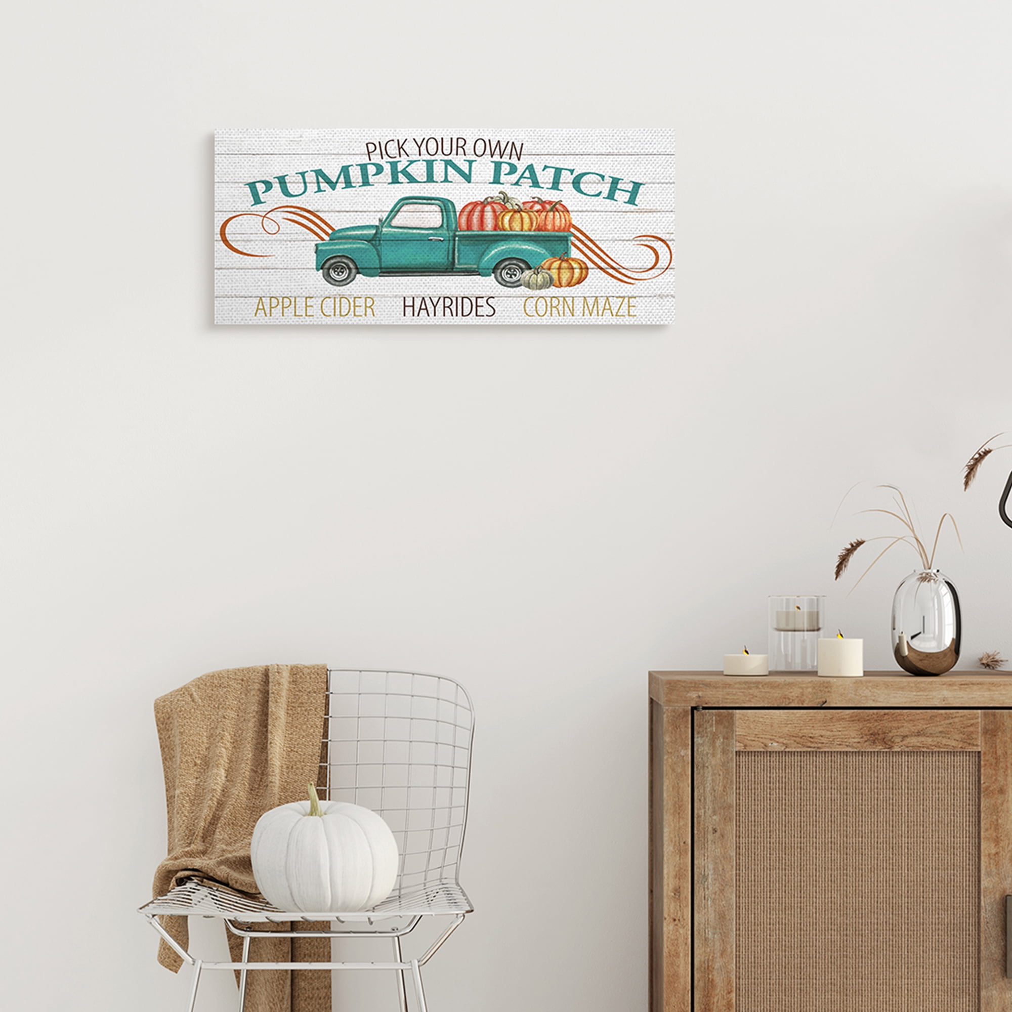 Stupell Industries Turquoise Truck Autumn Harvest Pumpkin Patch Sign Inspirational Painting Gallery Wrapped Canvas Art Print Wall Art, 10 x 24