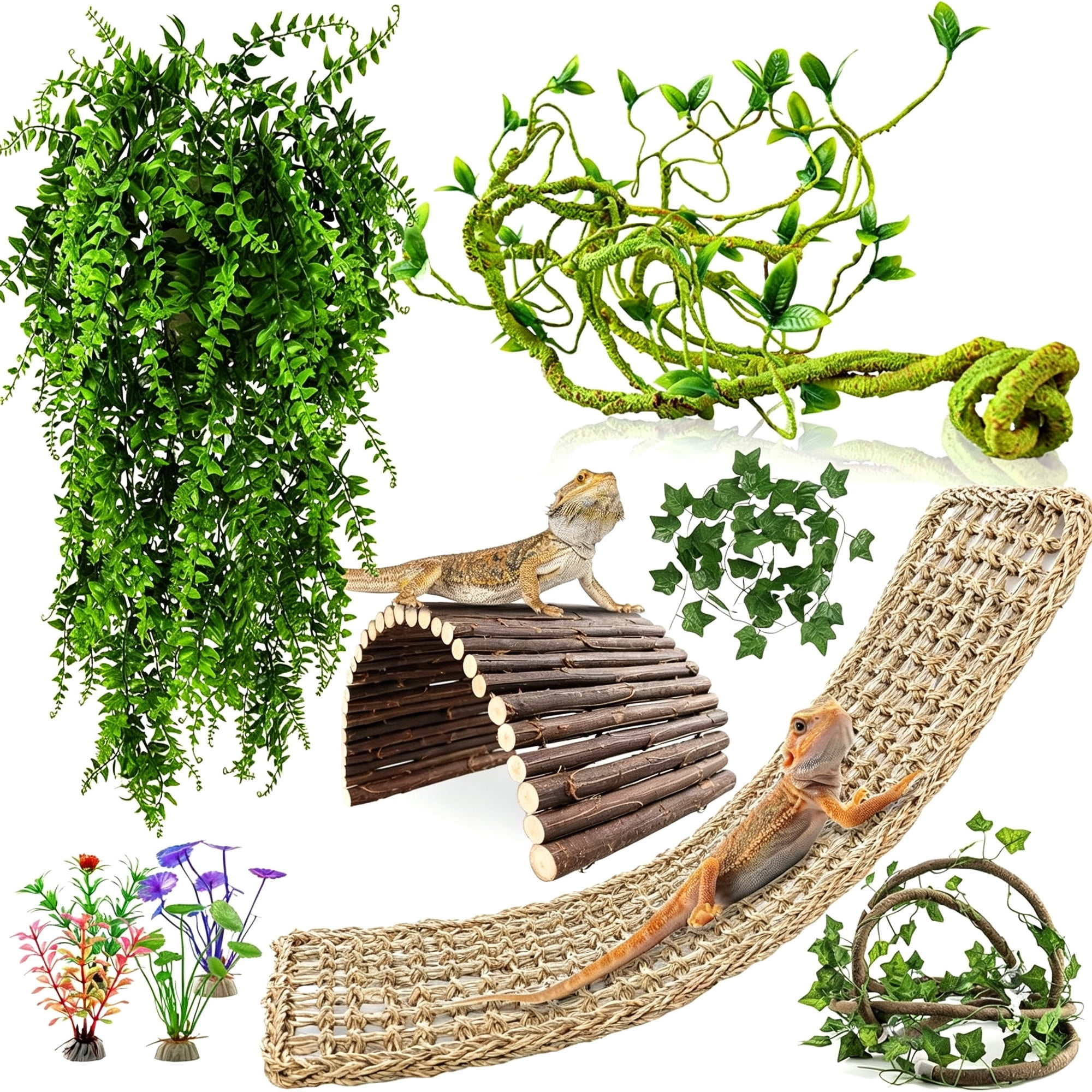 ZULAR Bearded Dragon Tank Accessories,10 Pcs Reptile Hammock Plants Bridge Jungle Climber Vines for Snakes Bearded Dragon Chameleon Gecko Lizard Bearded Dragon Accessories