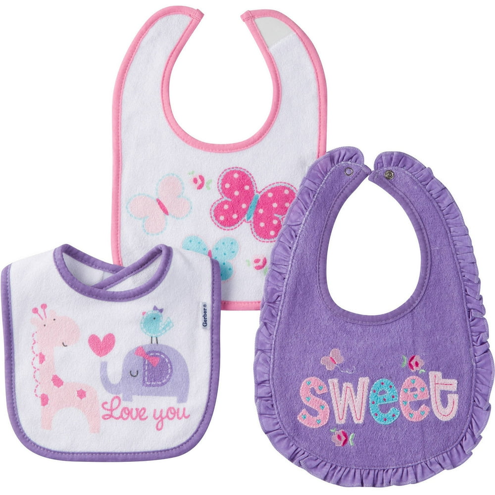 Gerber Cotton Feeding Baby Bib, 3pk Girls