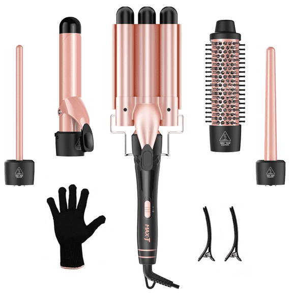 MAX-T 5-in-1 Curling Iron Set, Hair Waver, Curling Irons for Hair, Curling Wand Set, Hair Crimper Hair Curler, Hair Tool Kit with Thermal Brush, Gift for Women, Pink