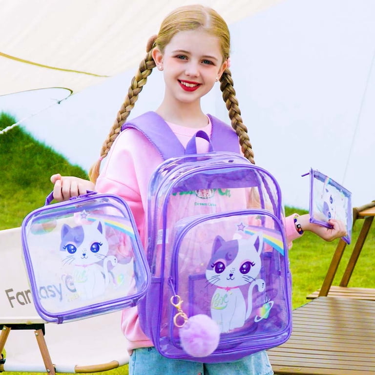 3-Piece Girls Clear Backpack Set - Purple Cat Design, Stadium Approved See-Through School Bag For Elementary Kids