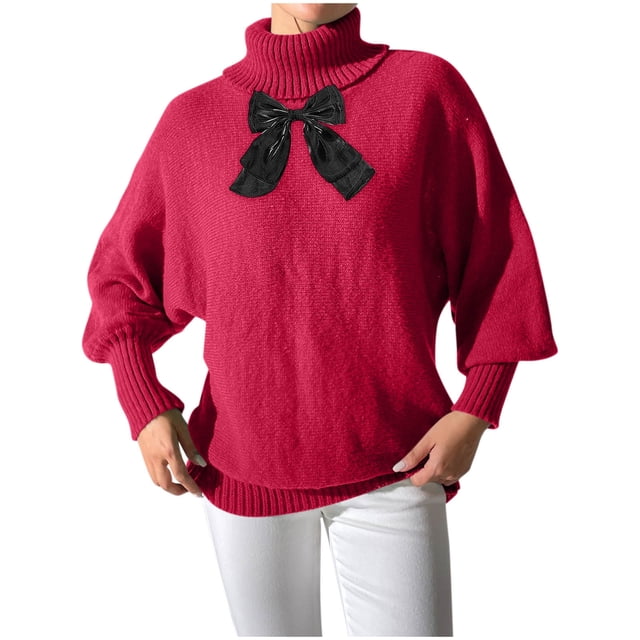 Bow Chandails à Col Roulé pour Femmes Manches Longues Automne Chandail Tricoté Col Haut Mignon Décontracté Hauts Rouge, TG
