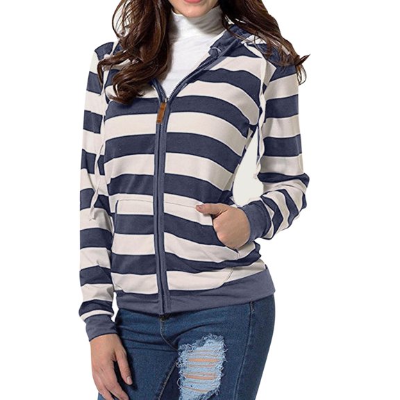 Women's Hoodies Sweatshirts Women Fashion Hooded Long Sleeve Pocket Zipper Rope Striped Hoodie Jacket Blue M