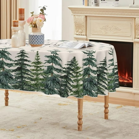 

Horaldaily Christmas Tablecloth 60×104 Inch Oval Winter Snow Trees White Washable Table Cover for Party Picnic Dinner Decor