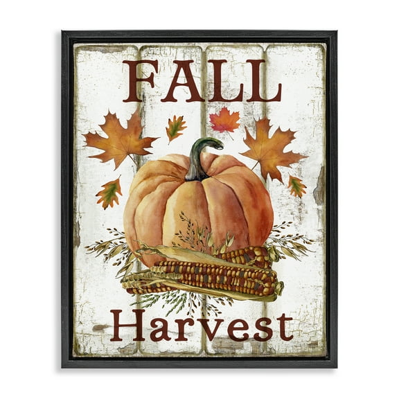 Stupell Industries Fall Harvest Pumpkin & Corn Holiday Painting Black Floater Framed Canvas Art Prints Wall Art, 17 x 21