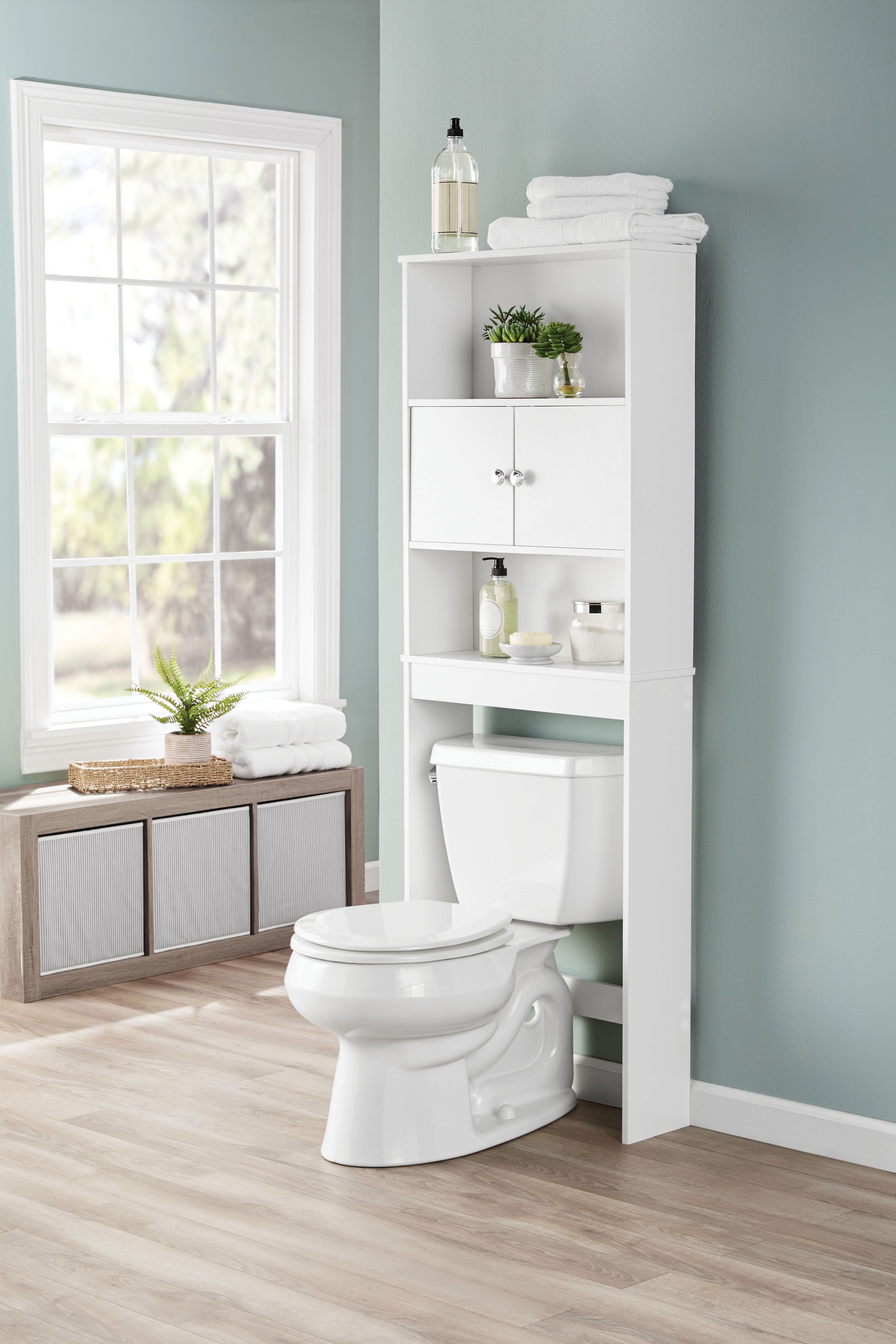 Over The Toilet Storage Cabinet Drop Door Spacesaver Bathroom Wooden White