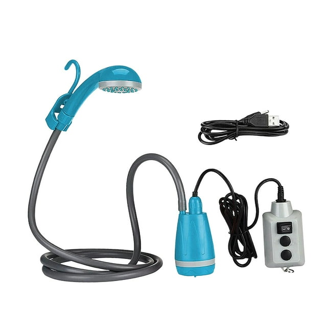 Ducha portátil para acampar, recargable por USB, para exteriores, con manguera eléctrica Azul
