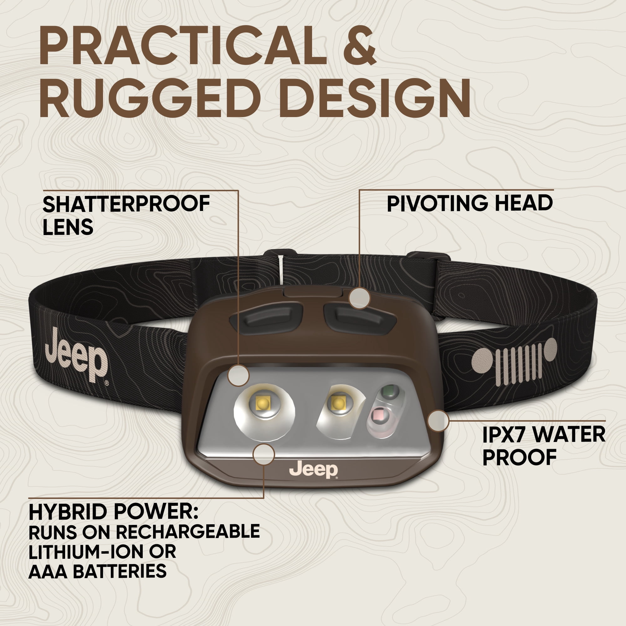 Jeep Rechargeable LED Headlamp, 600 Lumens, Hybrid Design, Lightweight and Bright for Running, Jogging, Hunting, Hiking, Tactical and Outdoor Use