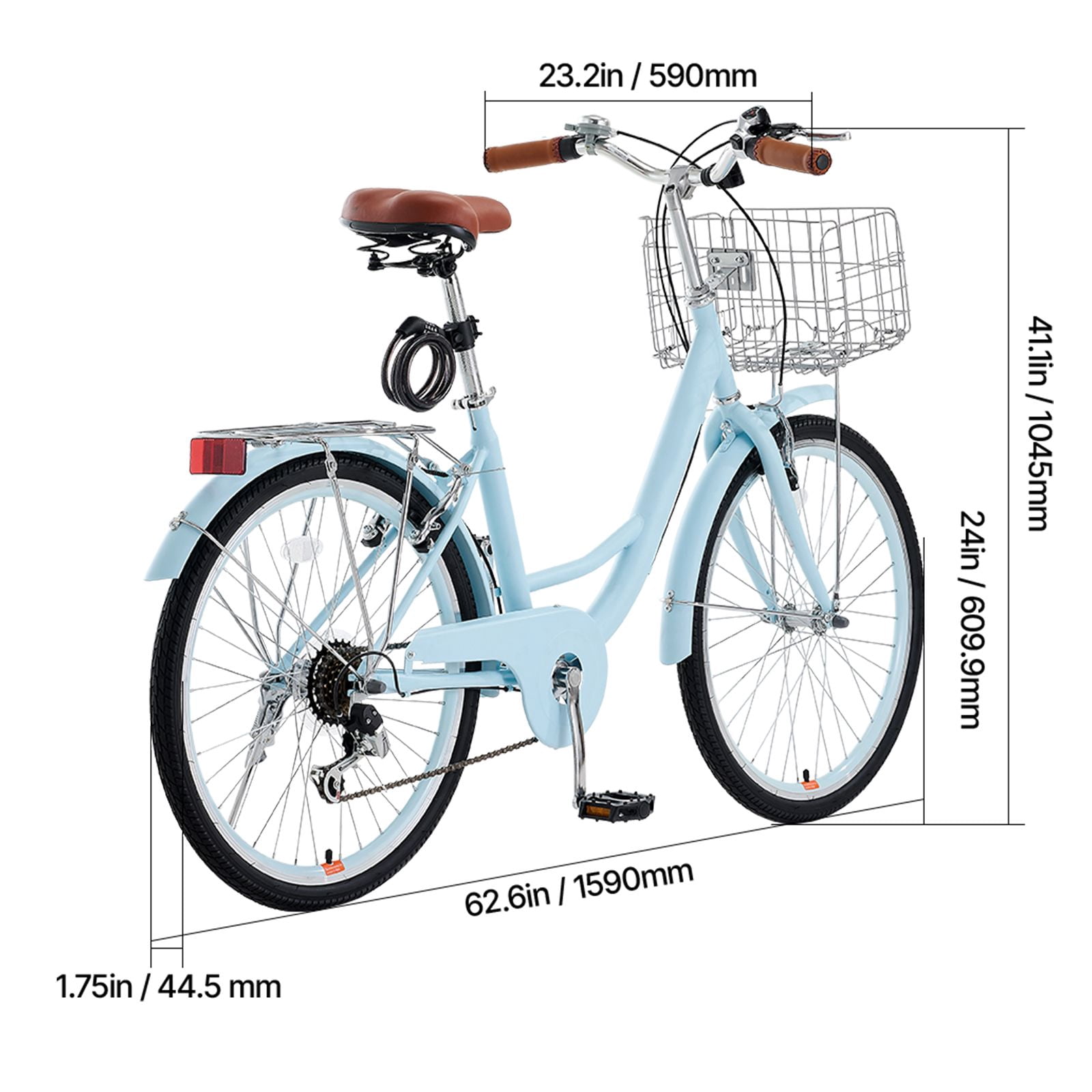 Cruiser Bike, 7-Speed, 24-Inch Light Blue Beach Cruiser Bike with Large Capacity Basket and Rear Rack, Secure & Sturdy Cruiser Bike with Adjustable Seat, Fits for Cycling, Exercise & Shopping