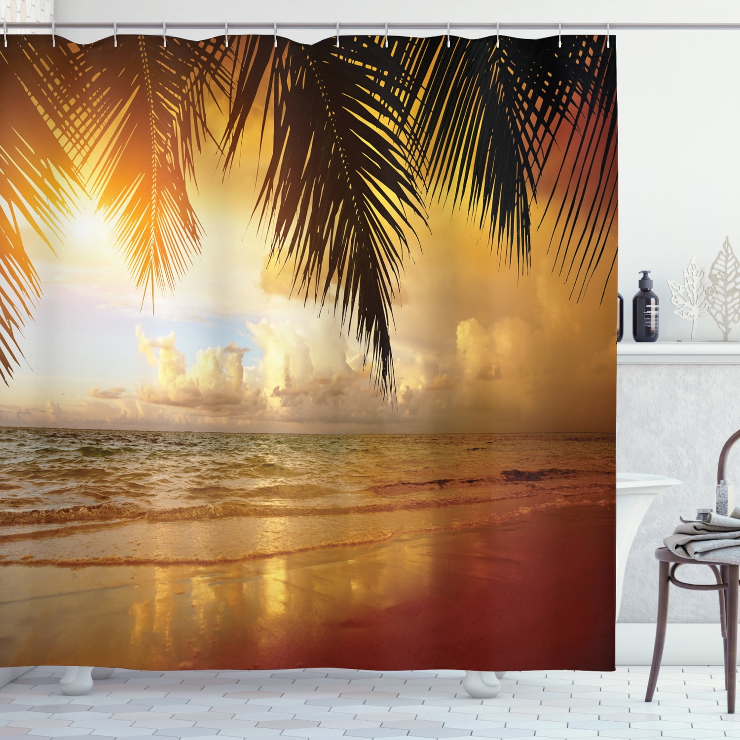 Ocean Sunset Scenery Palm Beach Shower Curtain Sets For Bathroom Decor w/ Hooks 