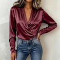 thumbnail image 6 of BUIGTTKLOP Womens Satin Tops Wrap V Neck Top Long Sleeve Shirts Dressy Casual Business Blouses Fall Outfits, 6 of 8