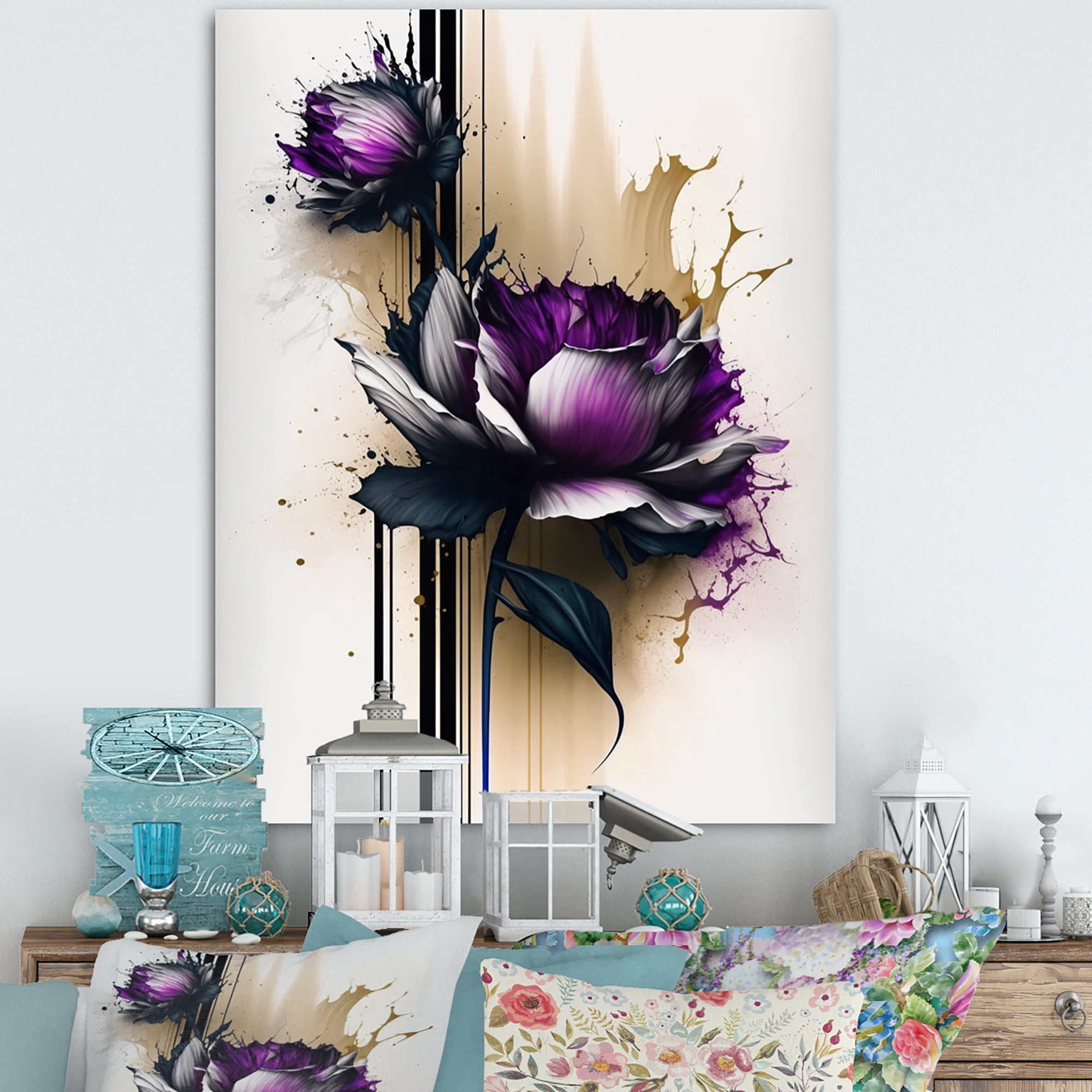 Designart Purple Dahlia Flower On Abstract Paint II Canvas Wall Art