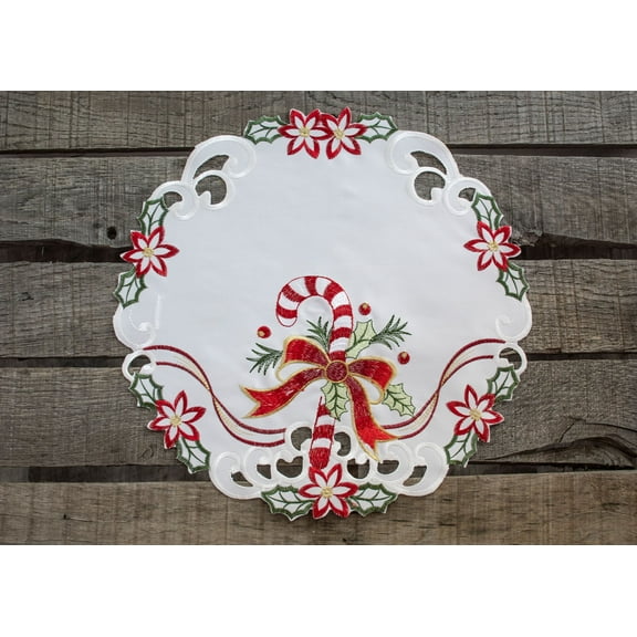 Candy Cane and Holly Leaves Round Doily (15")