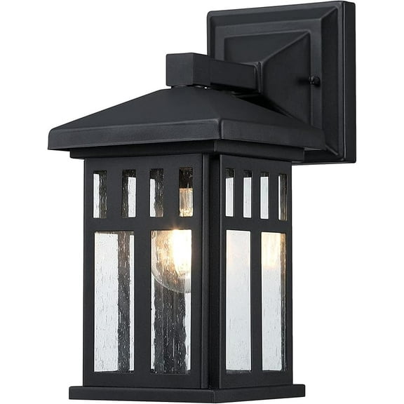 Craftsman-Style One Light Outdoor Wall Fixture, Textured Black Finish, Clear Seeded Glass