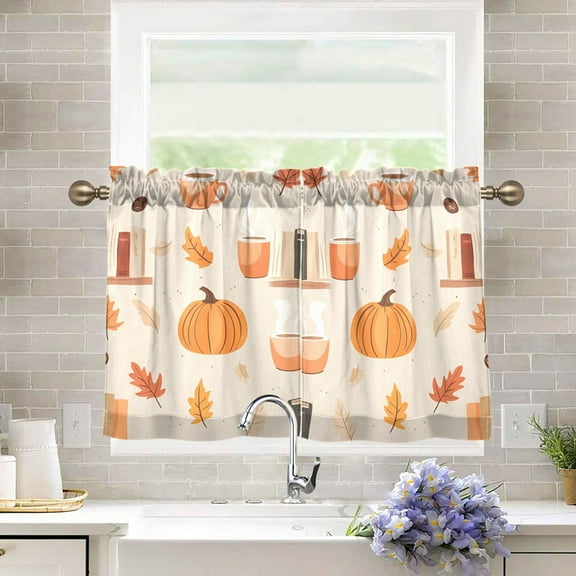 Yayeee Kitchen Curtains Tier Pair Light Filtering 27"x36" Rod Pocket Short Cafe Window Panel, Beige Fall Acorns Pattern