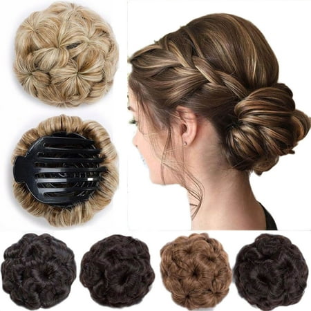 S-noilite Elegant Chignon Clip in Hair Bun Extension Donut Claw Jaw Updo Synthetic Combs Curly Weave Hair Scrunchies dark (Best Curly Weave For Swimming)