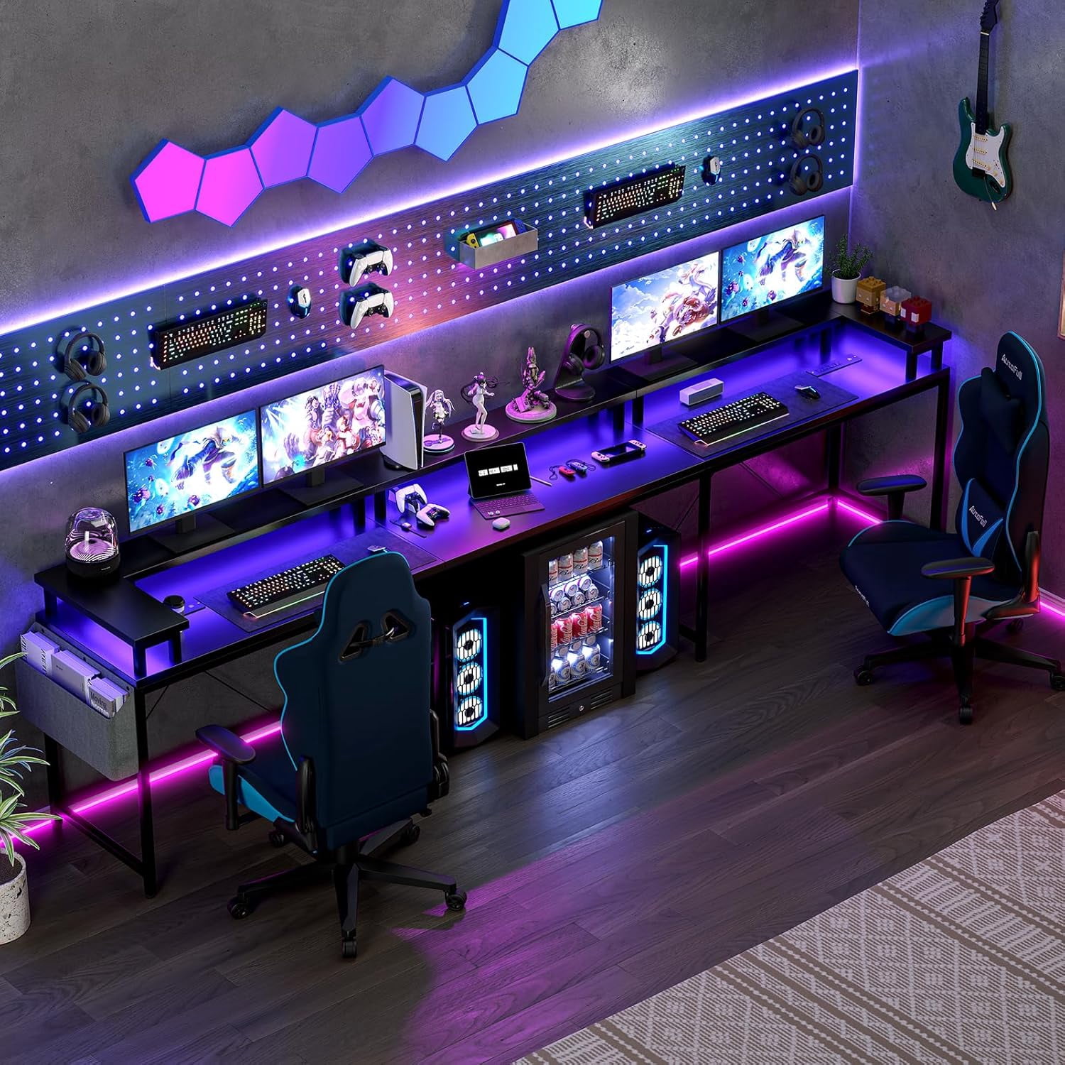 U Shaped Desk with Power Outlets & LED Lights, 79" Reversible L Shaped Desk, Corner Computer Desk Office Desk with Full Monitor Stand, Black