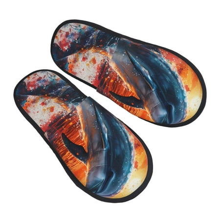 

KLL Sunset Ocean Watercolor Dolphin Slippers for Women Men House Slip on Indoor Outdoor Bedroom Furry Fleece Lined Ladies Comfy Anti-Skid Rubber Hard Sole-Medium