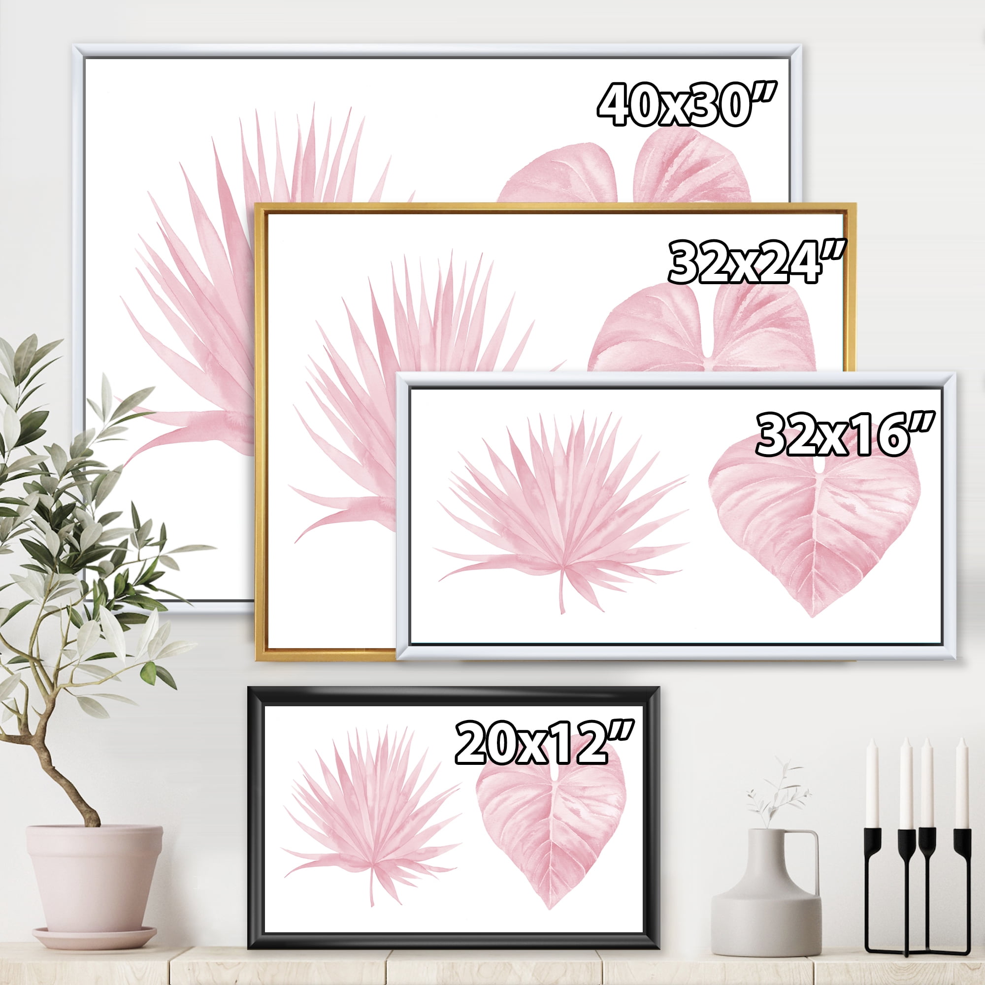 Designart 'Tropical Pink Watercolour Leaves On White II' Shabby Chic Framed Canvas Wall Art Print