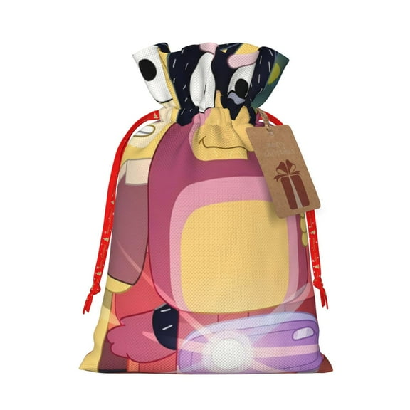 Masiiu Bluey Print Christmas Gift Bag, Burlap Drawstring Pouch with Kraft Paper Card for Holiday, Party, and Birthday Wrapping-Small