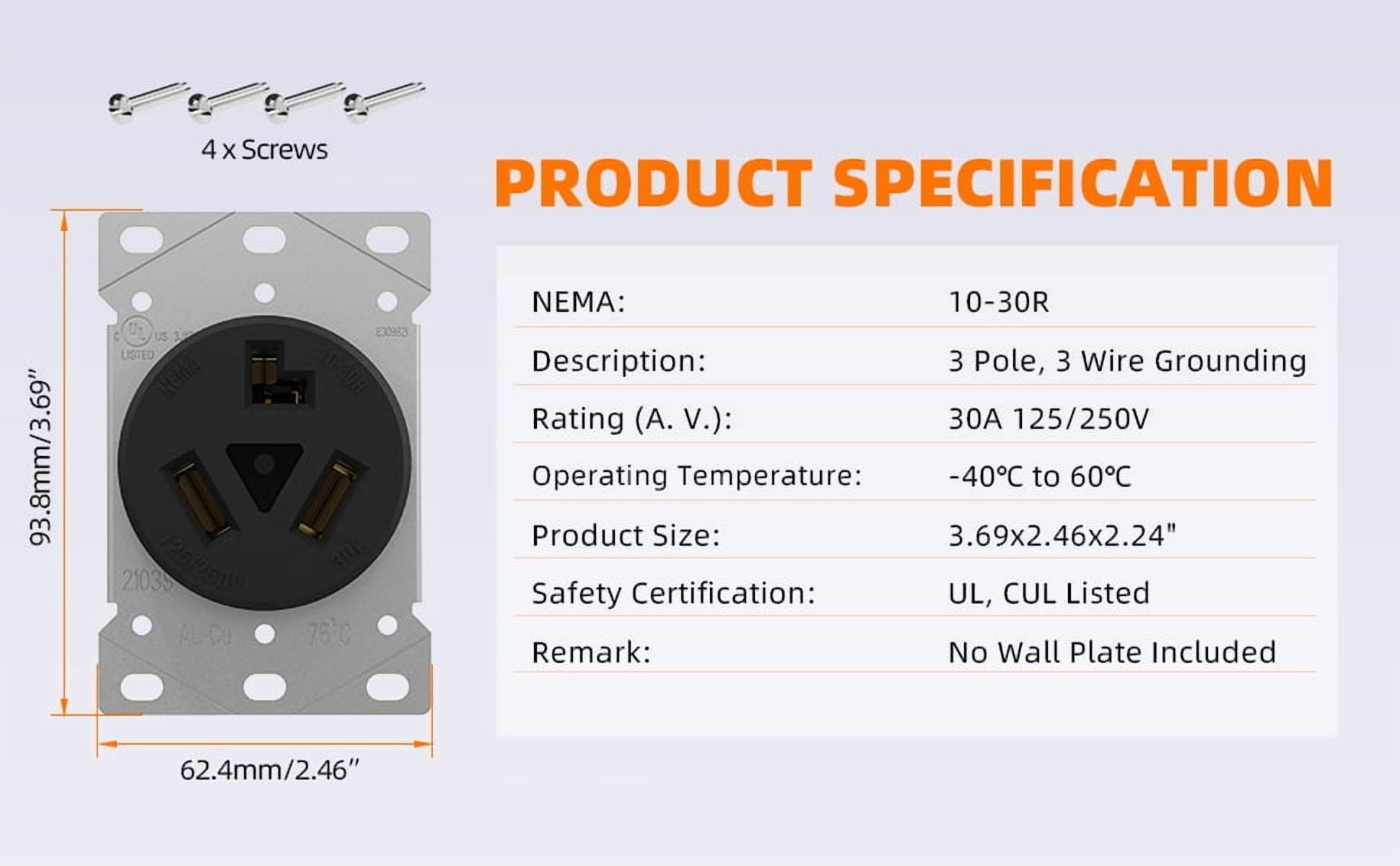 Hyper Tough Flush Mount NEMA 10-30R Dryer Outlet, 30A 125-250V, 3-Wire, Single/2-Gang Box Compatible