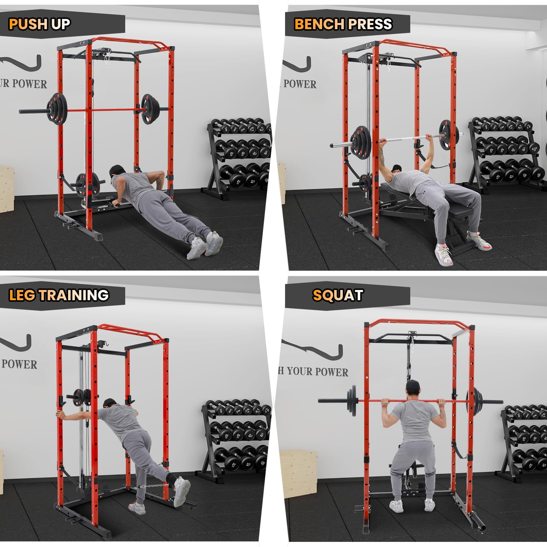 TROPOW Power Cage with LAT Pulldown, Multi-Functional Power Rack with Cable Pulley System and J-Hooks, Squat Rack with Dip Bars and Landmine Attachment, Weight Cage for Home Gym Equipment,Red