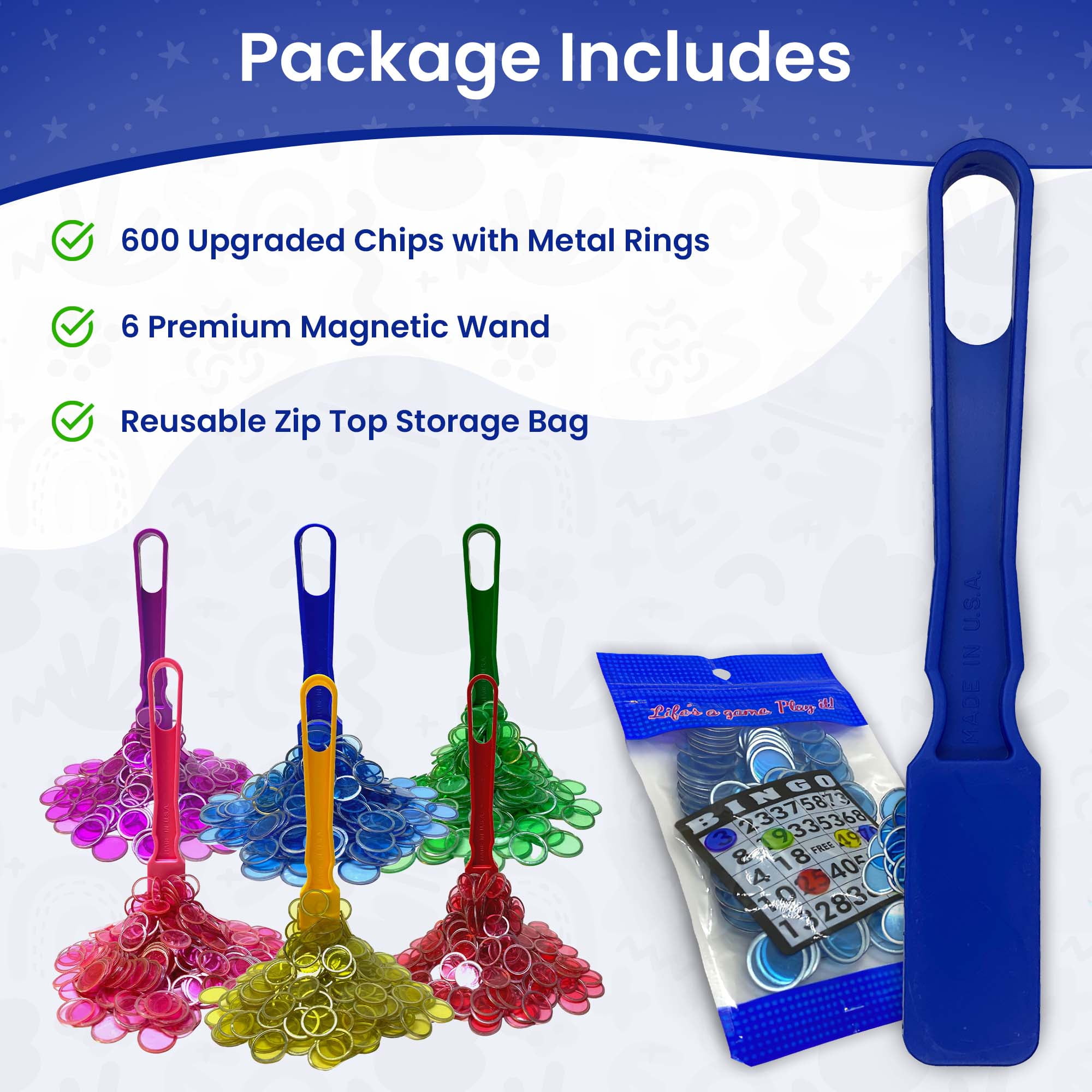 MR CHIPS 6 Magnetic Wands, 6 Bags of 100 Magnetic Bingo Chips, 6 Colors, Ages 6+