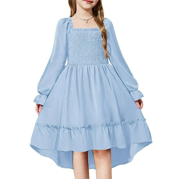 Abcomgle Girls Long Sleeve Dresses 10-12 High Low Smocked Puff Sleeve Dress Cute Square Neck Sundresses Tiered Swing Dresses.5-6 Years