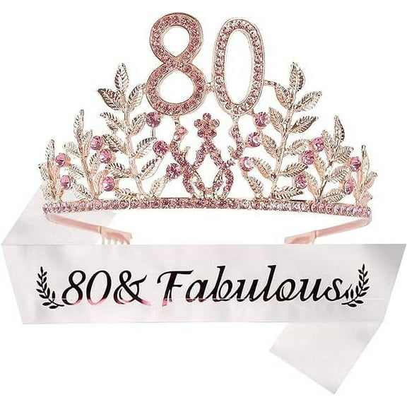 80th Birthday Sash and Tiara for Women - Fabulous Glitter Sash   Leafs Rhinestone Pink Premium Metal Tiara for Her, 80th Birthday Gifts for 80 Celebration