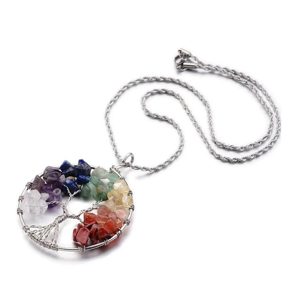 QQTDFG Tree of Life Mixed Stone Big Pendants Necklace Stainless Steel Chain 19.6" P368-default