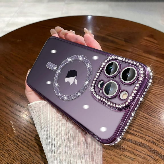 iPhone 14 Pro Max Case Plating Electroplate Magnetic [Support  Magsafe] Bling Glitter Sparkly Diamond Camera Lens Cover Crystal Matte Luxury Elegant Case  Girls and Women -Purple