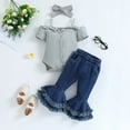 thumbnail image 2 of Odeerbi Infant Girls 3 Piece Outfits Ruffle Bodysuit Flared Jeans Set Summer Clothes Fashion Casual Round Neck Collar Short Sleeve Botton Tops Solid Color Long Pants Sets Gray, 2 of 9