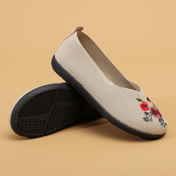 Norvail Non-Slip Soft Sole Comfortable Embroidered Flyknit Breathable Single Shoes for Middle-Aged and Elderly Women, Lightweight Walking Shoes with Cushioned Insole, Easy Slip-On Design