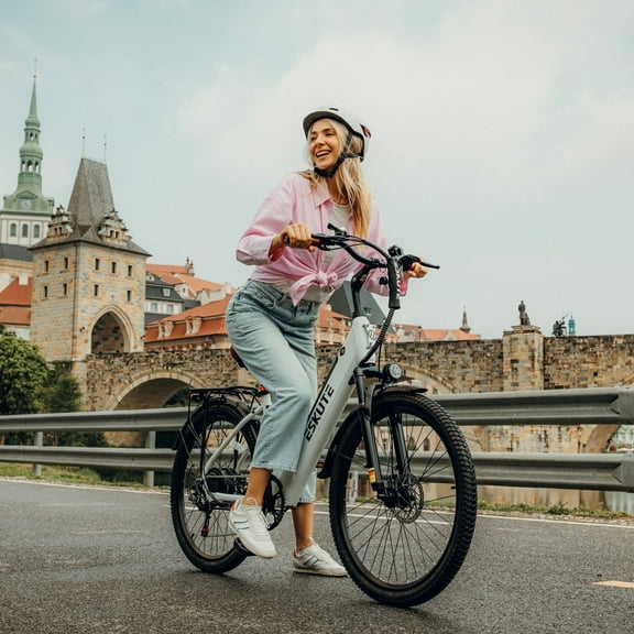 ESKUTE White Electric Bike for Adults - Peak 1500W Brushless Motor, 19MPH, 500W Motor 48V14Ah Removable Battery, 26" Step-Thru Cityrun Ebike, 7-Speed, Up 70 Miles, Commuter E-Bike, with NFC Unlock