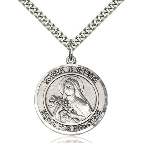 Sterling Silver Santa Teresita Pendant 1 x 5/8 inches with Heavy Curb Chain