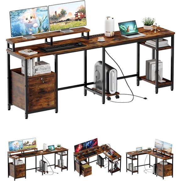67" L Shaped Computer Desk with Power Outlets and 2 Monitor Stands, Reversible Gaming Desk with Adjustable Storage Shelf and MuItipIe FiIe Drawers, Home Office Desks, Brown