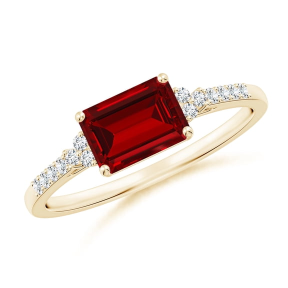 ANGARA Lab Grown 1 Ct Emerald-Cut Ruby Side Stone Engagement Ring for Women in 14K Yellow Gold (Size-7x5mm) | July Birthstone, Birthday, Anniversary, Jewelry Gift for Women | Lab-Grown Ruby Ring